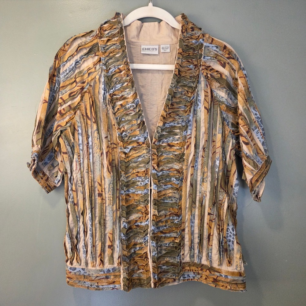 Chico's Size 1 Patchwork Animal Print Half Sleeve Lightweight Jacket Women's M